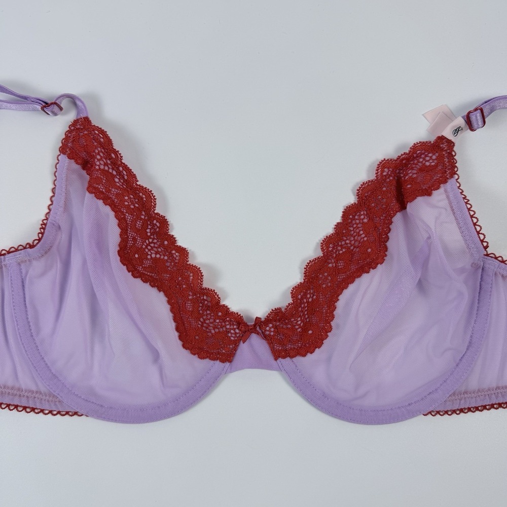 Victoria's Secret Tease Unlined Demi Bra Purple Sheer Mesh Red Lace 36B NWT